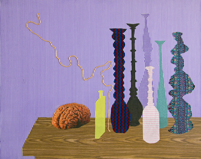 Still Life with Brain, oil, fabric, vinyl, transfer, and yarn on canvas, 27" x 34", 2014 