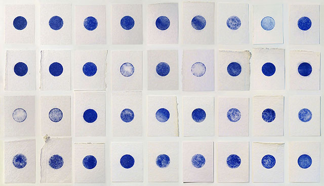 “Thirty six blue moons”, powdered pigment on handmade 100% cotton paper, 114 cm x 65 cm, 2013 