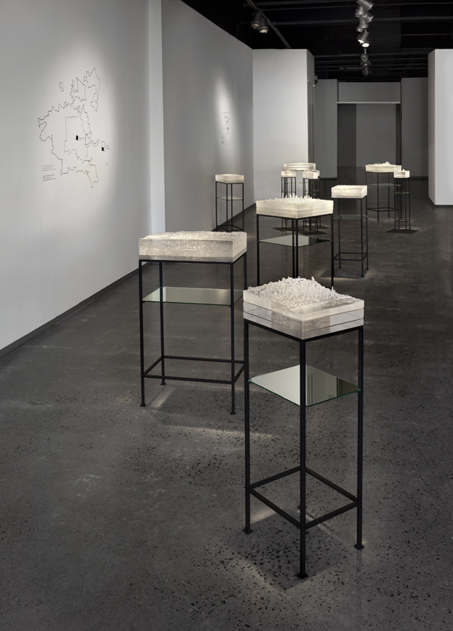 Mining Industries: Installation View, 3D printed patterns, kilncast glass, fabricated steel, and vinyl cut drawings, dimensions variable, 2014.  Photo: Cathy Carver